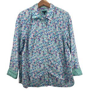 Talbots Womens Top Sz L Turquoise Ditzy Floral ButtonUp Flip Cuff Cottage Fairy
